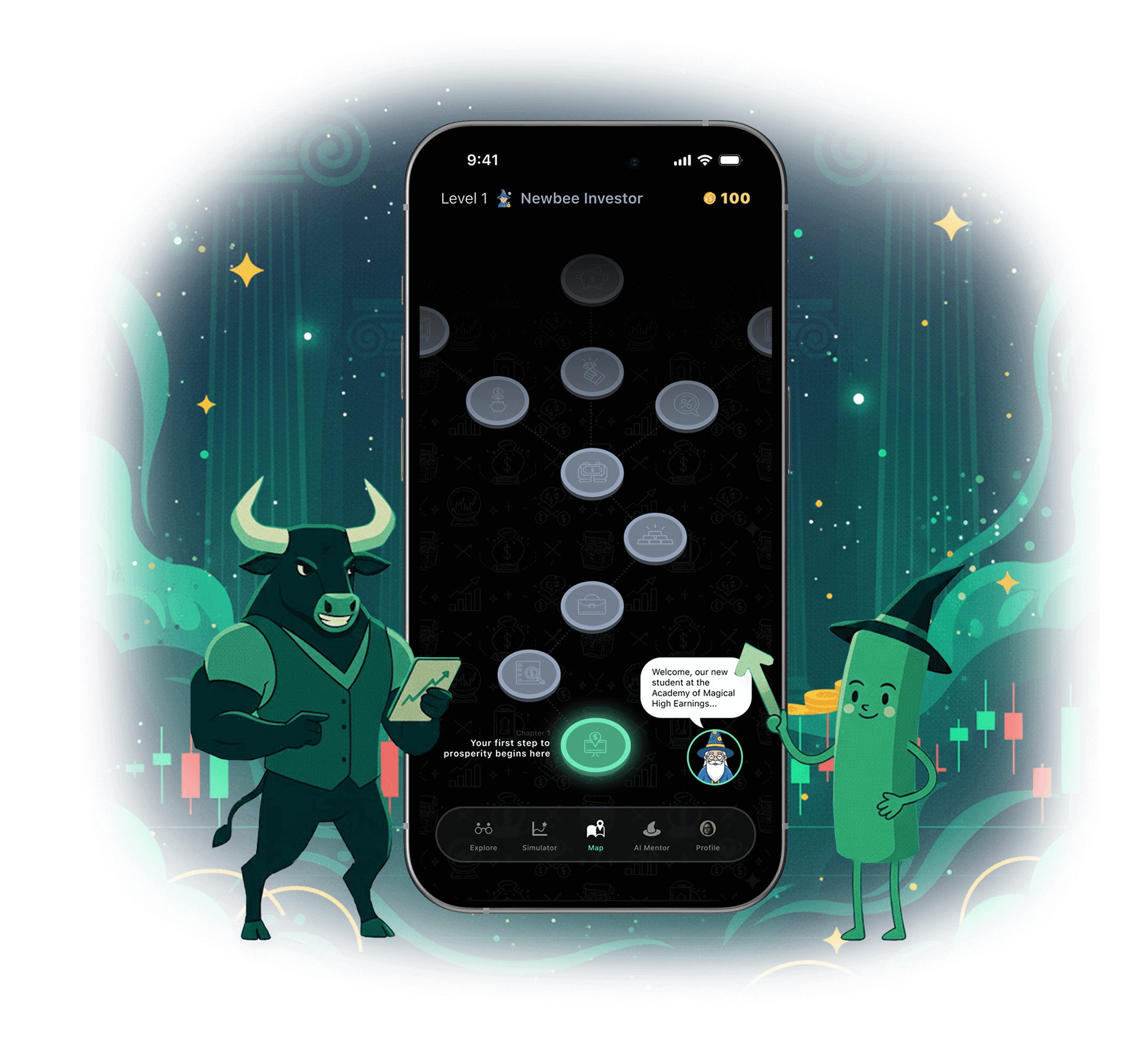 App features including AI mentor and real market data